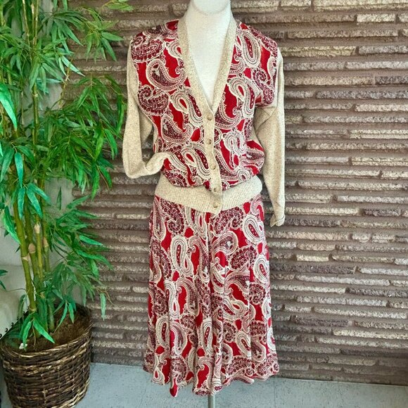 Ralph Lauren Vintage 90s Red Paisley Sweater and Skirt Outfit Size 4 - Picture 12 of 12
